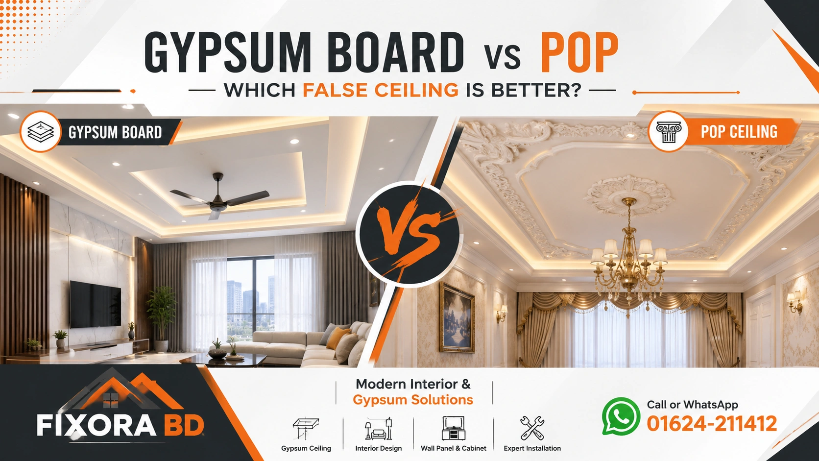 gypsum board vs POP false ceiling